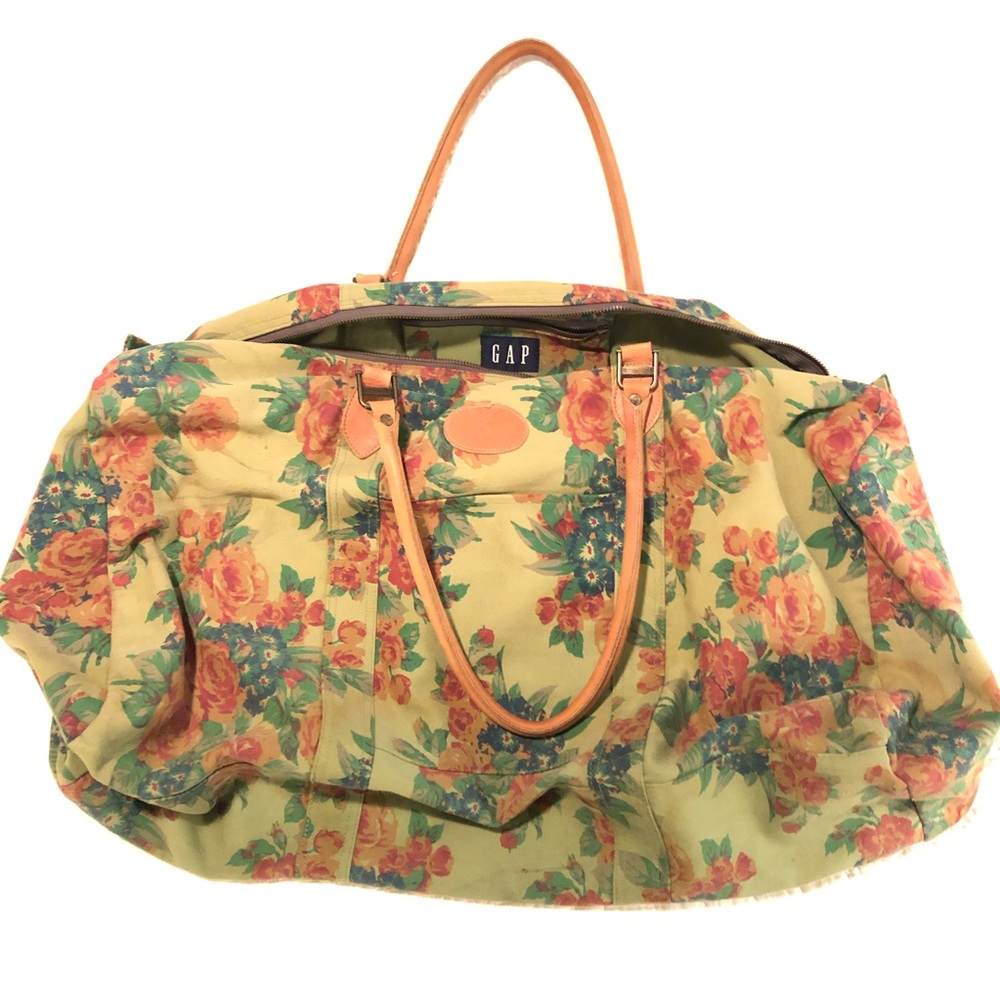 😎 90’s Vintage GAP Floral Denim Duffle Bag w/ Leather Straps